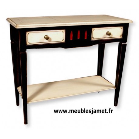 Console 2 tiroirs + cache secrets laquée noire + blanc + rouge