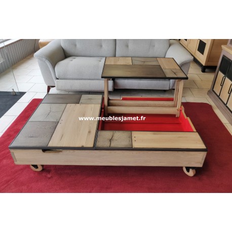 Table basse 2 plateaux relevable à roulettes